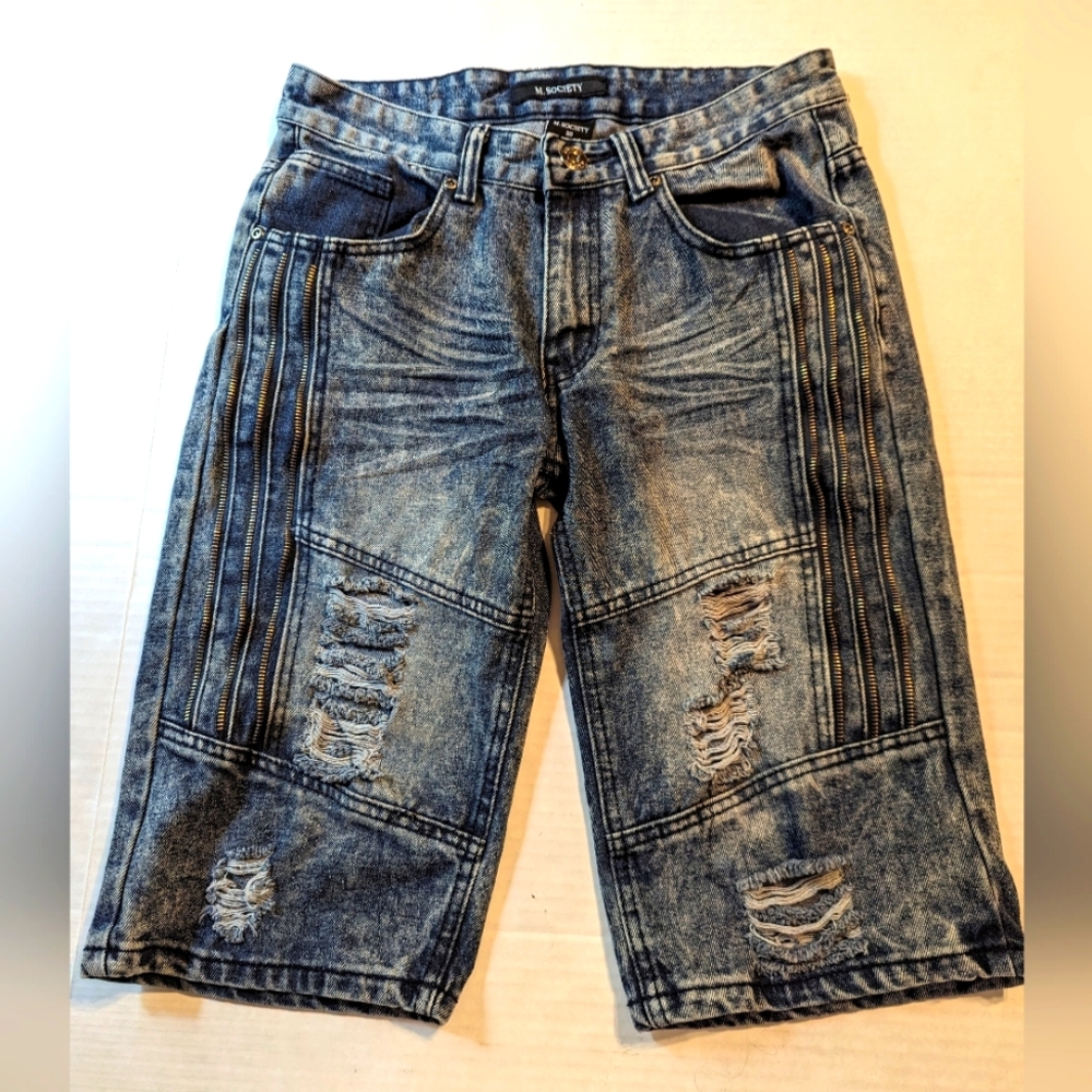 M. Society Denim Shorts Zippers Street Distressed Size 30